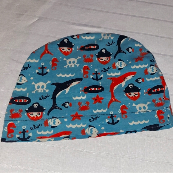 Cute Handmade baby hat WITH COOL PIRATE PATTERN FABRIC - Picture 1 of 8